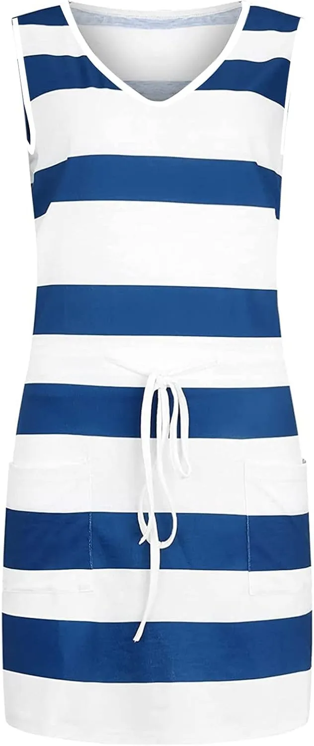 Slimming Dresses for Curvy Women Causal Summer 2024 Sleeveless Tank Dress Sexy v Neck Striped Mini Dress with Pockets