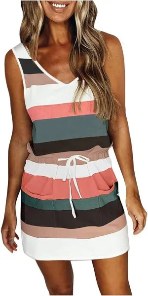 Slimming Dresses for Curvy Women Causal Summer 2024 Sleeveless Tank Dress Sexy v Neck Striped Mini Dress with Pockets
