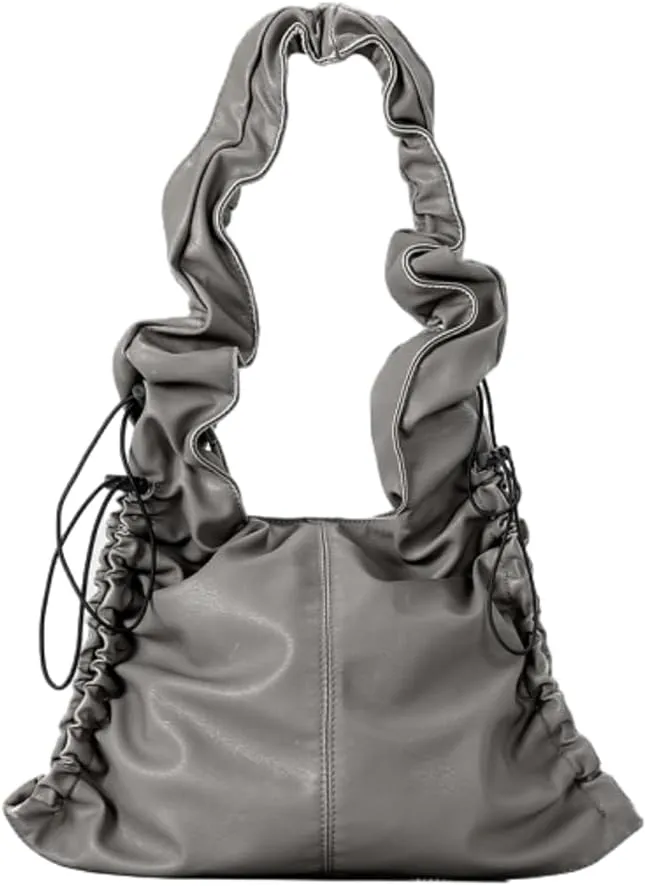 Slouchy Hobo Bags for Women Designer Purses PU Leather Shoulder Bag with Drawstring Retro Cool Tote Bag Pleated Crossbody Bag
