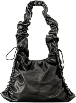 Slouchy Hobo Bags for Women Designer Purses PU Leather Shoulder Bag with Drawstring Retro Cool Tote Bag Pleated Crossbody Bag