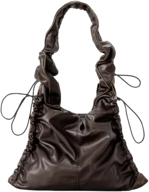 Slouchy Hobo Bags for Women Designer Purses PU Leather Shoulder Bag with Drawstring Retro Cool Tote Bag Pleated Crossbody Bag