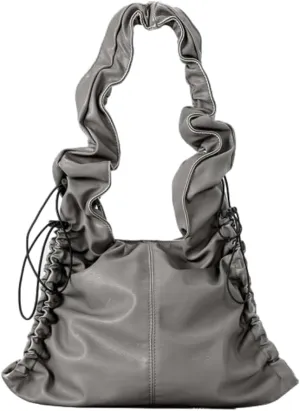 Slouchy Hobo Bags for Women Designer Purses PU Leather Shoulder Bag with Drawstring Retro Cool Tote Bag Pleated Crossbody Bag