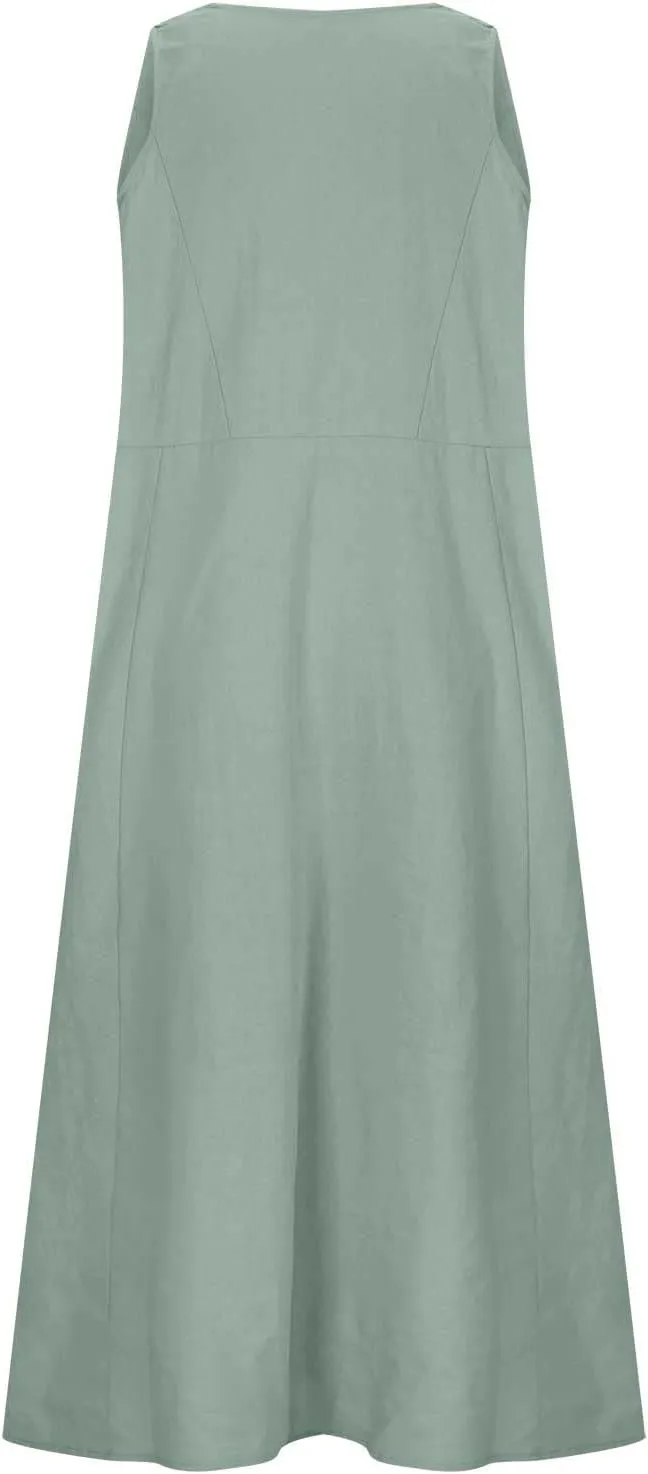 SMIDOW Womens Cotton Linene Beach Sun Dress Casual Loose Flowy Maxi Long Dresses Sexy Sleeveless Comfy Sundress Summer 2023