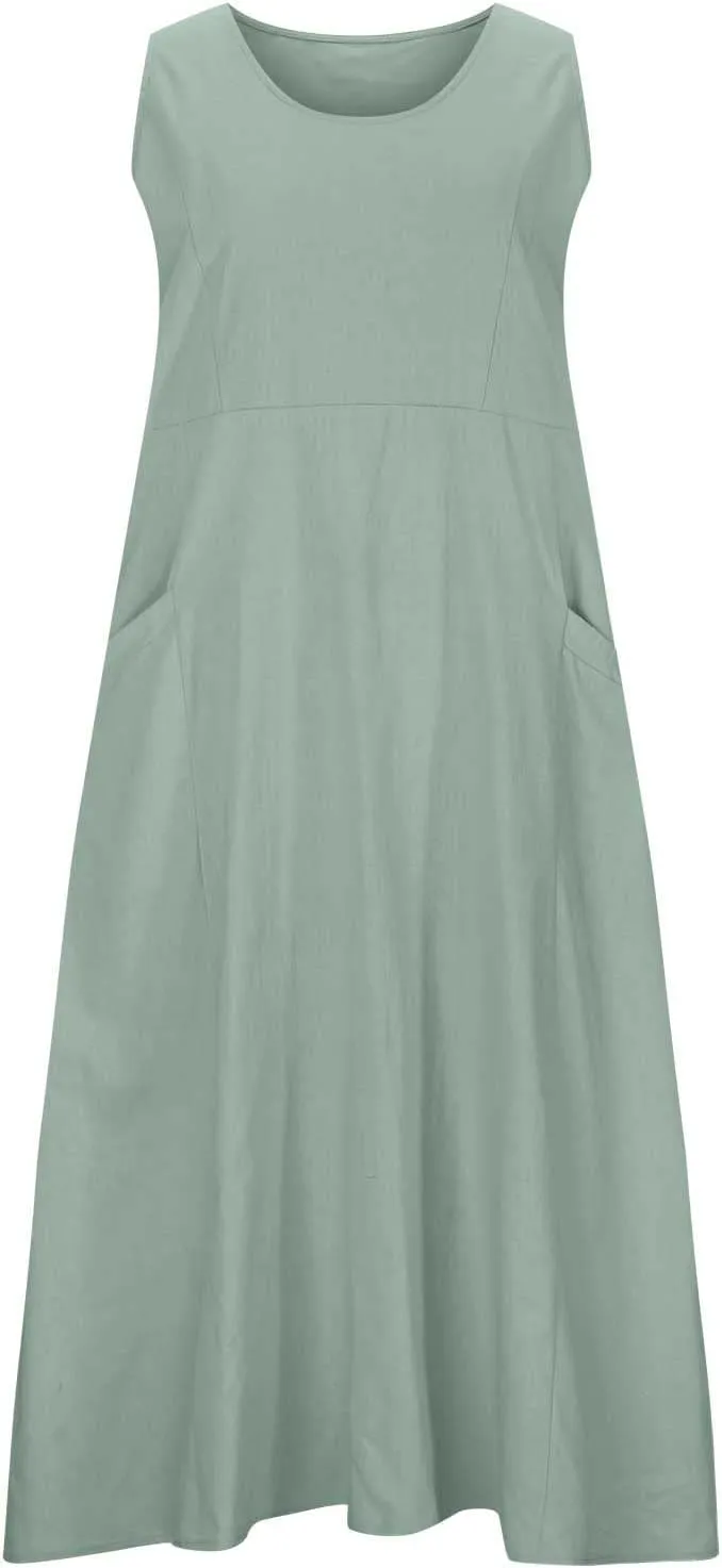 SMIDOW Womens Cotton Linene Beach Sun Dress Casual Loose Flowy Maxi Long Dresses Sexy Sleeveless Comfy Sundress Summer 2023