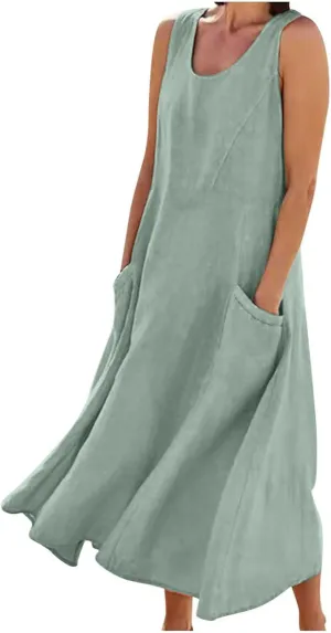 SMIDOW Womens Cotton Linene Beach Sun Dress Casual Loose Flowy Maxi Long Dresses Sexy Sleeveless Comfy Sundress Summer 2023
