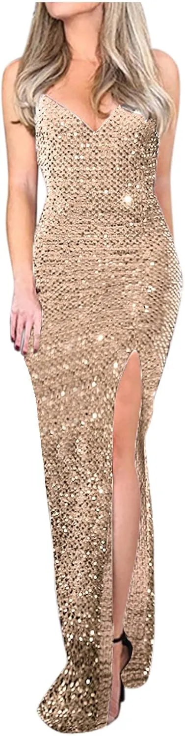 Spaghetti Straps Sequin Prom Dresses Long Mermaid Glitter Backless Evening Party Gowns Slit Wedding Guests Dresses