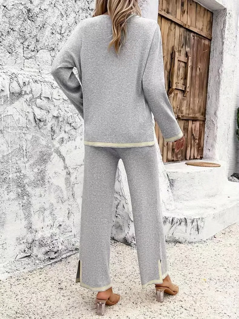 Sumleno Women's Two Piece Outfits Long Sleeve Knit Sweater Top Wide Leg Pants Lounge Sets 2 Piece Trendy Casual Loungewear