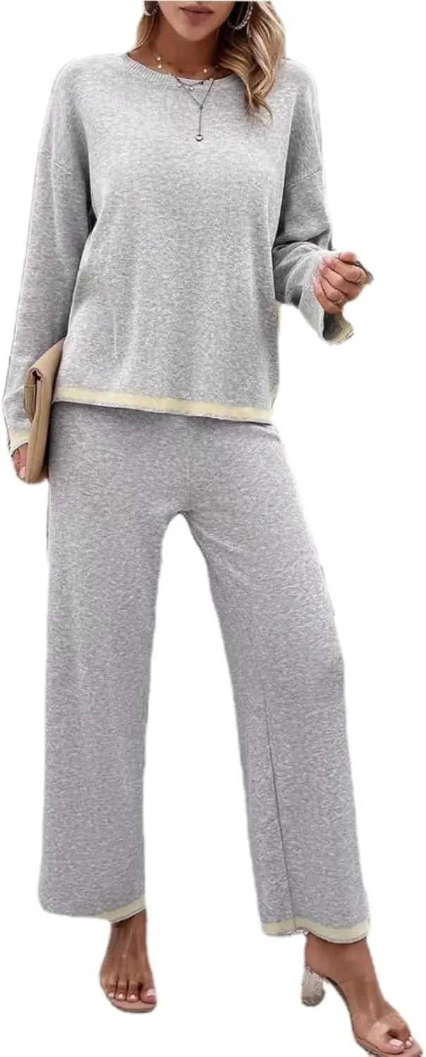 Sumleno Women's Two Piece Outfits Long Sleeve Knit Sweater Top Wide Leg Pants Lounge Sets 2 Piece Trendy Casual Loungewear