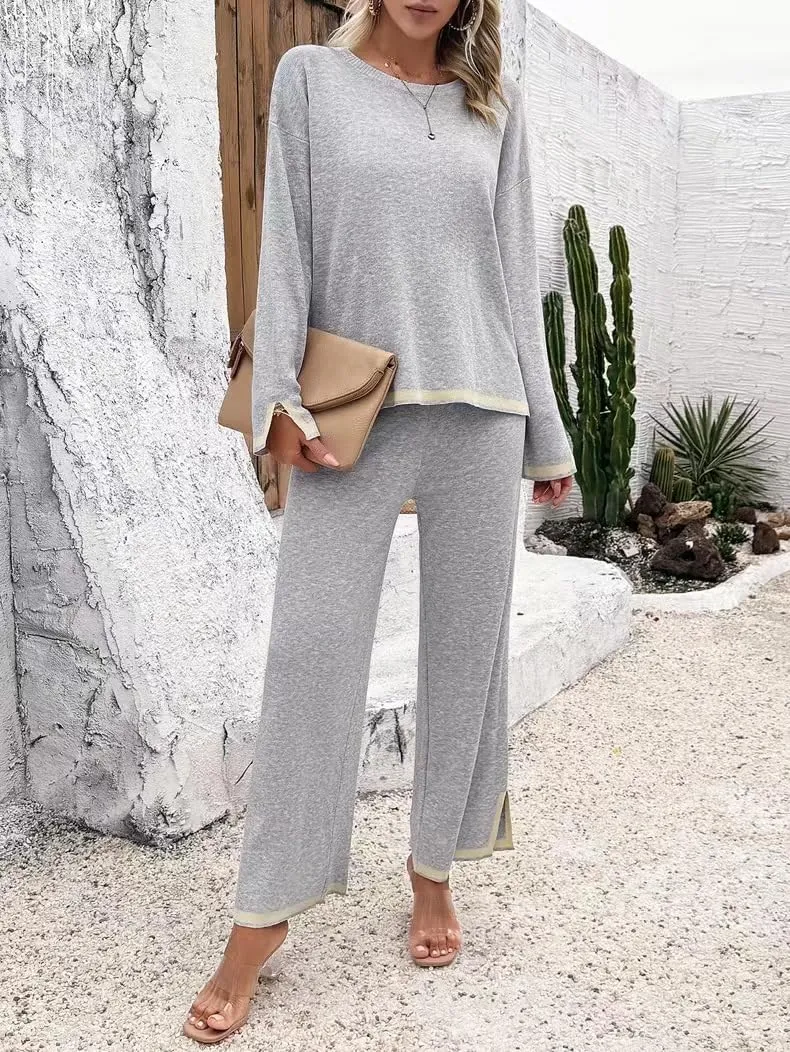 Sumleno Women's Two Piece Outfits Long Sleeve Knit Sweater Top Wide Leg Pants Lounge Sets 2 Piece Trendy Casual Loungewear