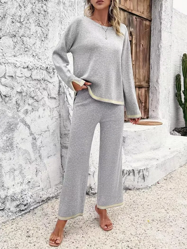 Sumleno Women's Two Piece Outfits Long Sleeve Knit Sweater Top Wide Leg Pants Lounge Sets 2 Piece Trendy Casual Loungewear