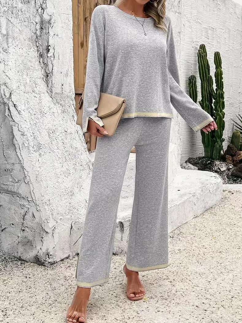 Sumleno Women's Two Piece Outfits Long Sleeve Knit Sweater Top Wide Leg Pants Lounge Sets 2 Piece Trendy Casual Loungewear
