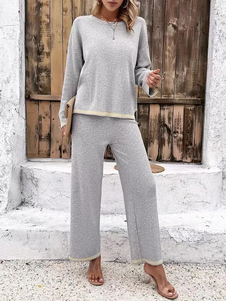 Sumleno Women's Two Piece Outfits Long Sleeve Knit Sweater Top Wide Leg Pants Lounge Sets 2 Piece Trendy Casual Loungewear
