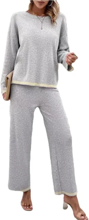 Sumleno Women's Two Piece Outfits Long Sleeve Knit Sweater Top Wide Leg Pants Lounge Sets 2 Piece Trendy Casual Loungewear