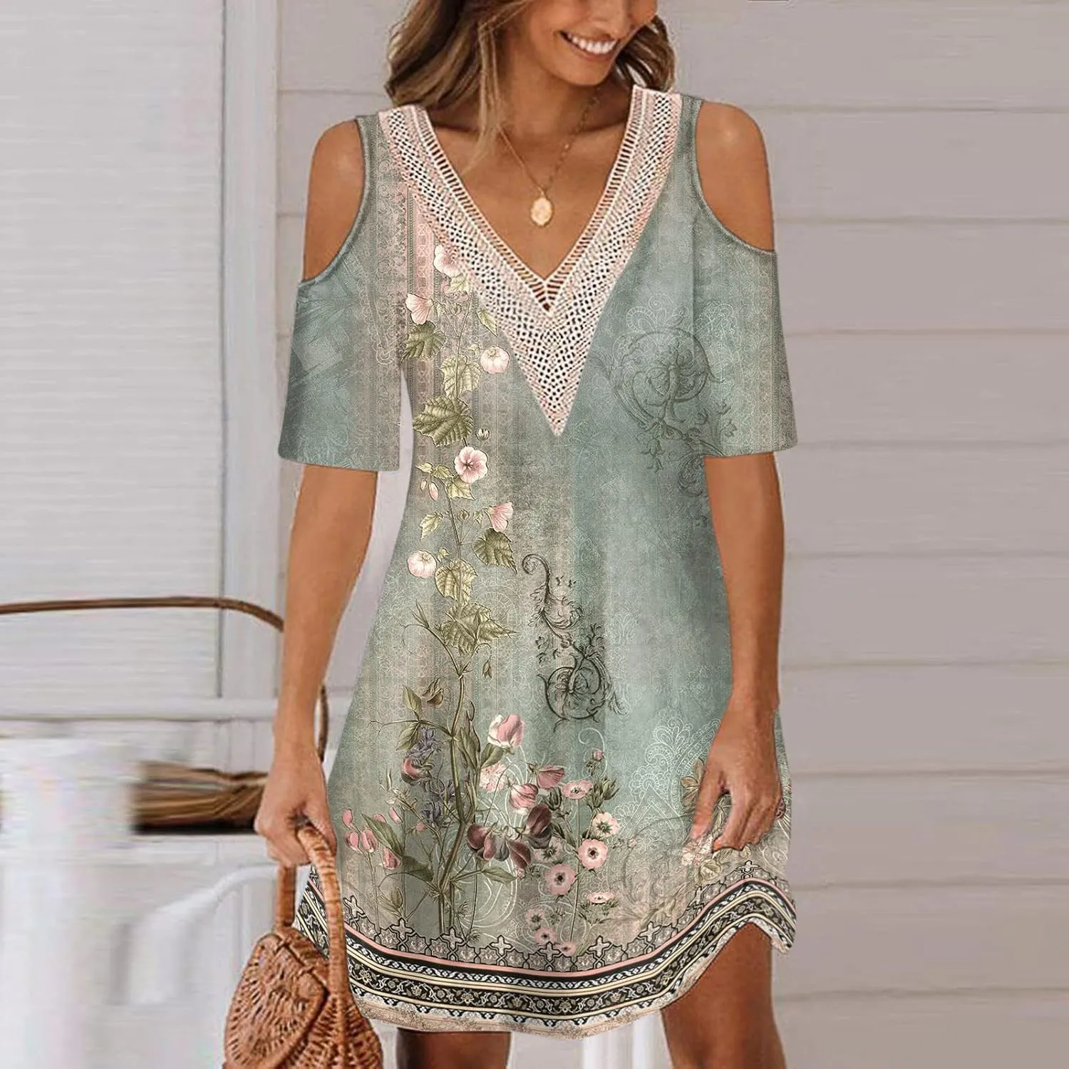Summer Boho Dresses for Women 2024 Trendy Cold Shoulder Short Sleeve v Neck Tunic Dress Casual Floral Print Mini Dress