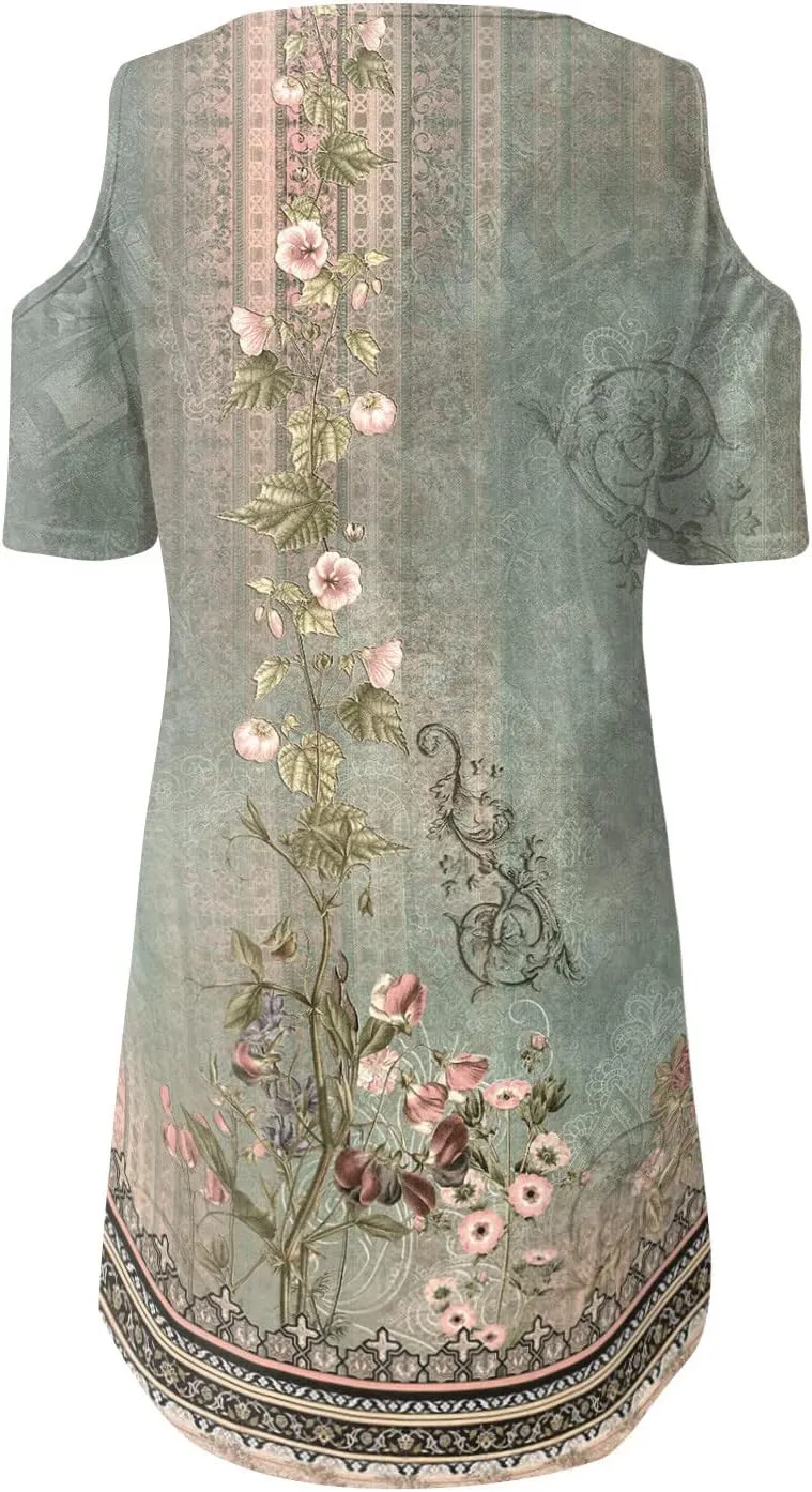 Summer Boho Dresses for Women 2024 Trendy Cold Shoulder Short Sleeve v Neck Tunic Dress Casual Floral Print Mini Dress