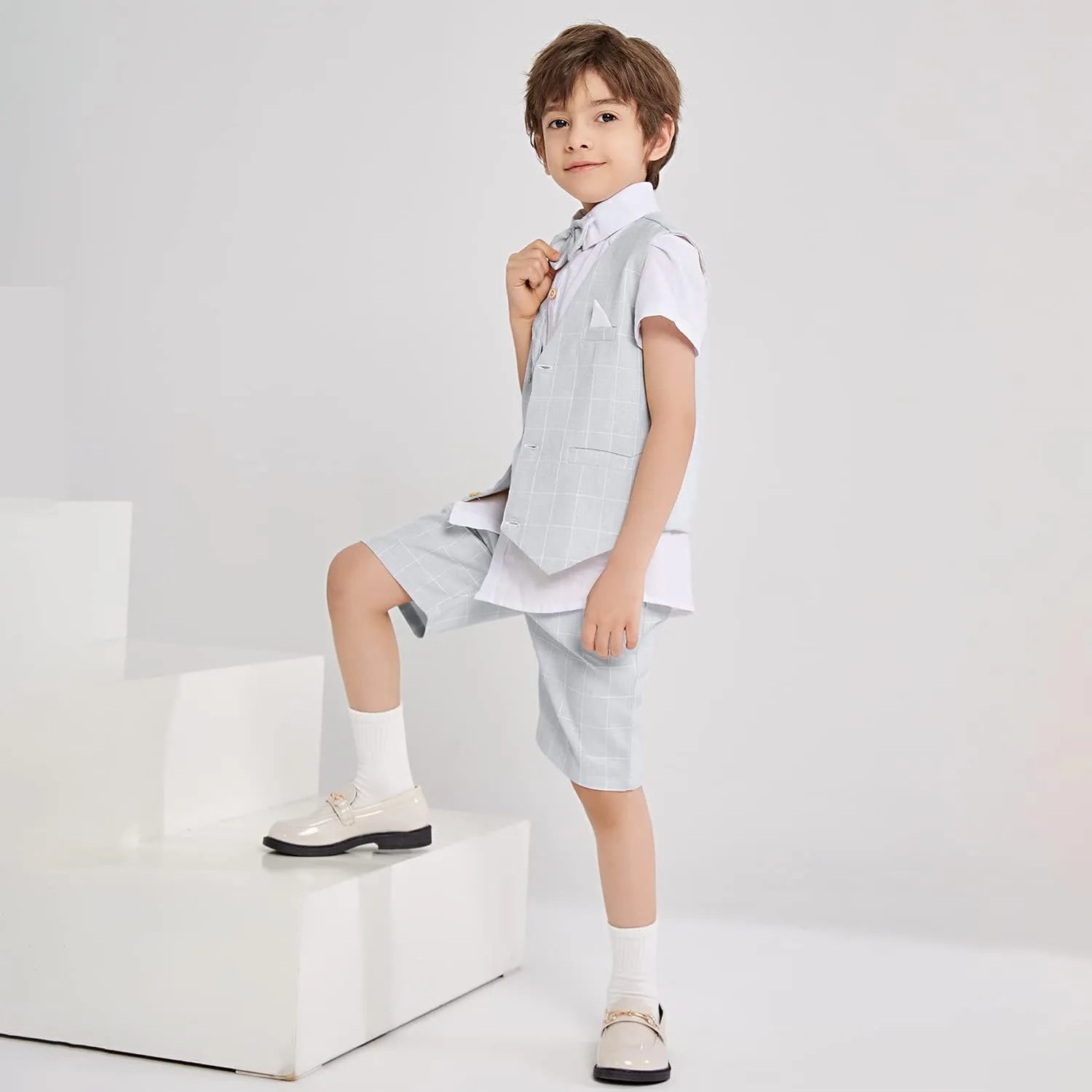 Summer Boys Suit Dress Clothes Kids Wedding Ring Bearer Outfit 4Pcs Shirt Vest Shorts Set