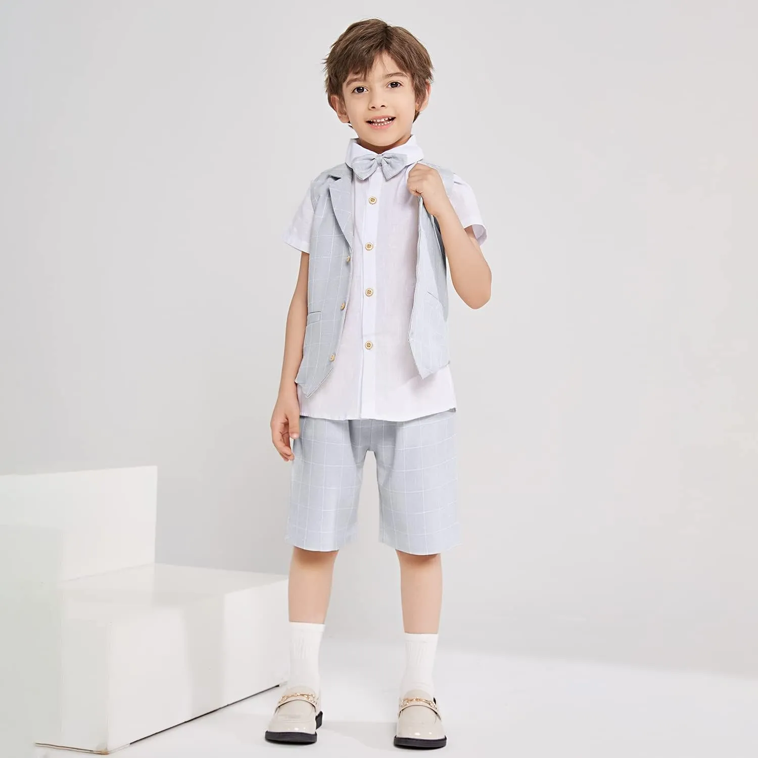 Summer Boys Suit Dress Clothes Kids Wedding Ring Bearer Outfit 4Pcs Shirt Vest Shorts Set