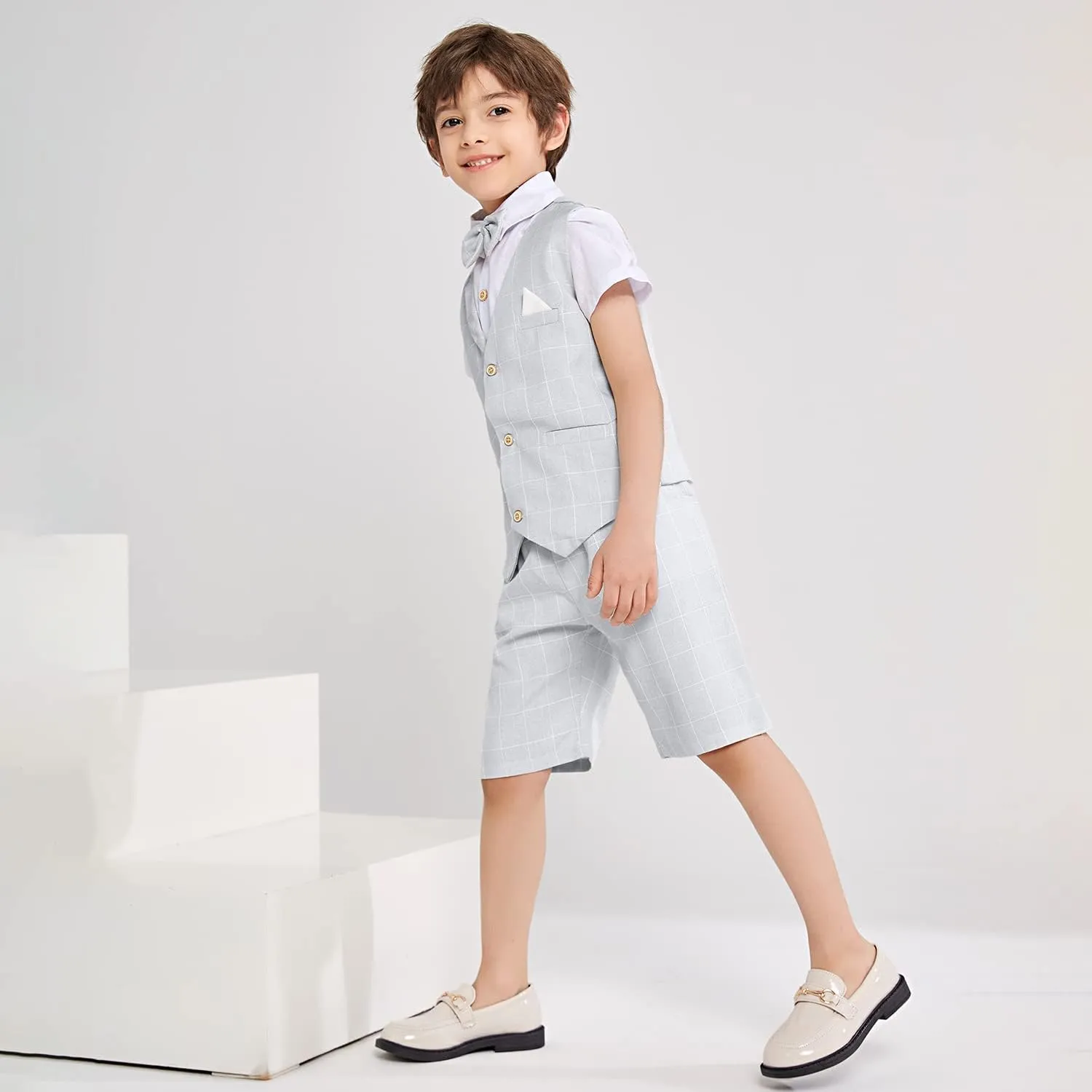 Summer Boys Suit Dress Clothes Kids Wedding Ring Bearer Outfit 4Pcs Shirt Vest Shorts Set