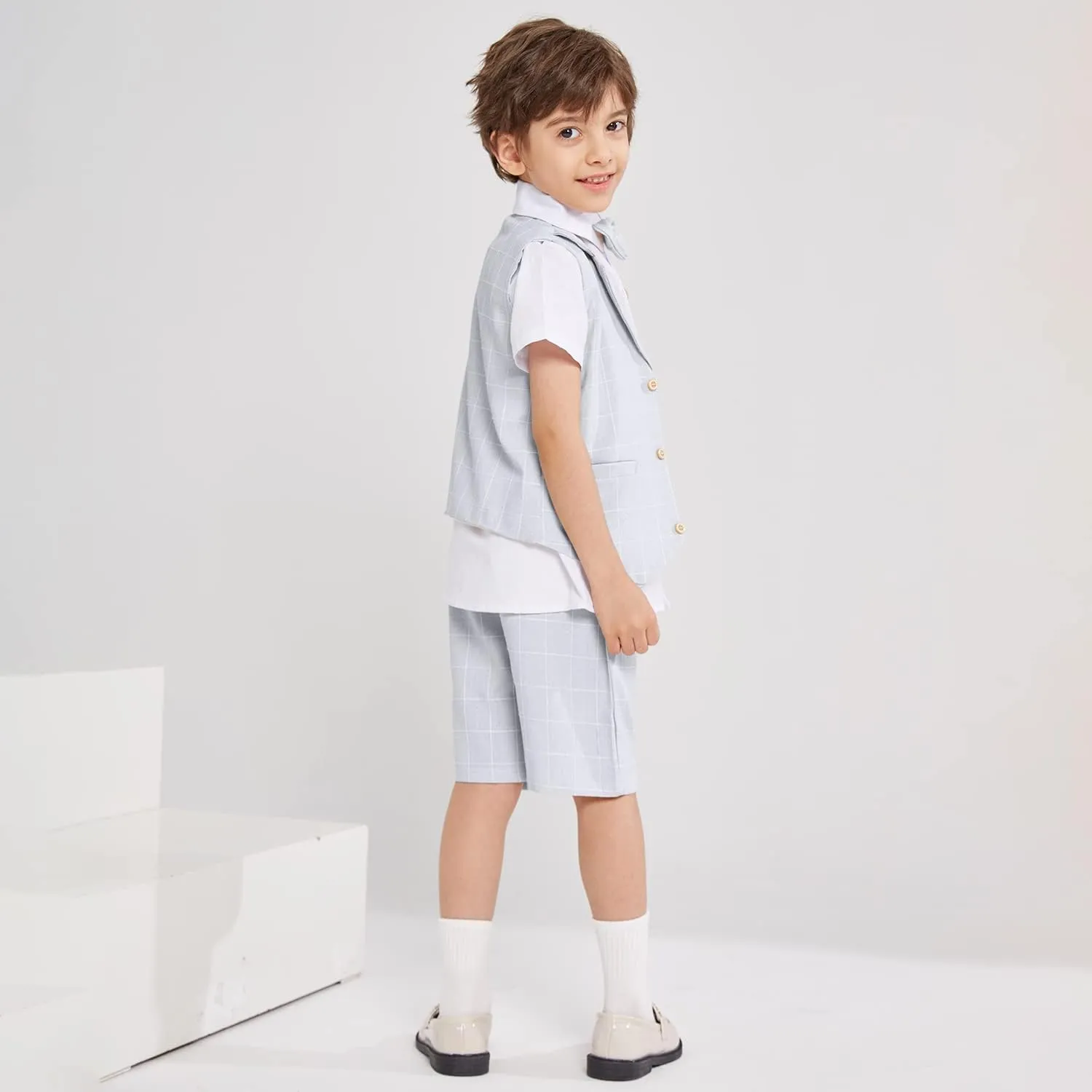 Summer Boys Suit Dress Clothes Kids Wedding Ring Bearer Outfit 4Pcs Shirt Vest Shorts Set