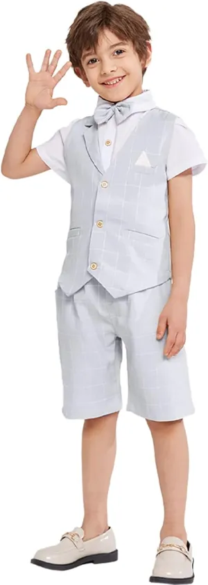 Summer Boys Suit Dress Clothes Kids Wedding Ring Bearer Outfit 4Pcs Shirt Vest Shorts Set