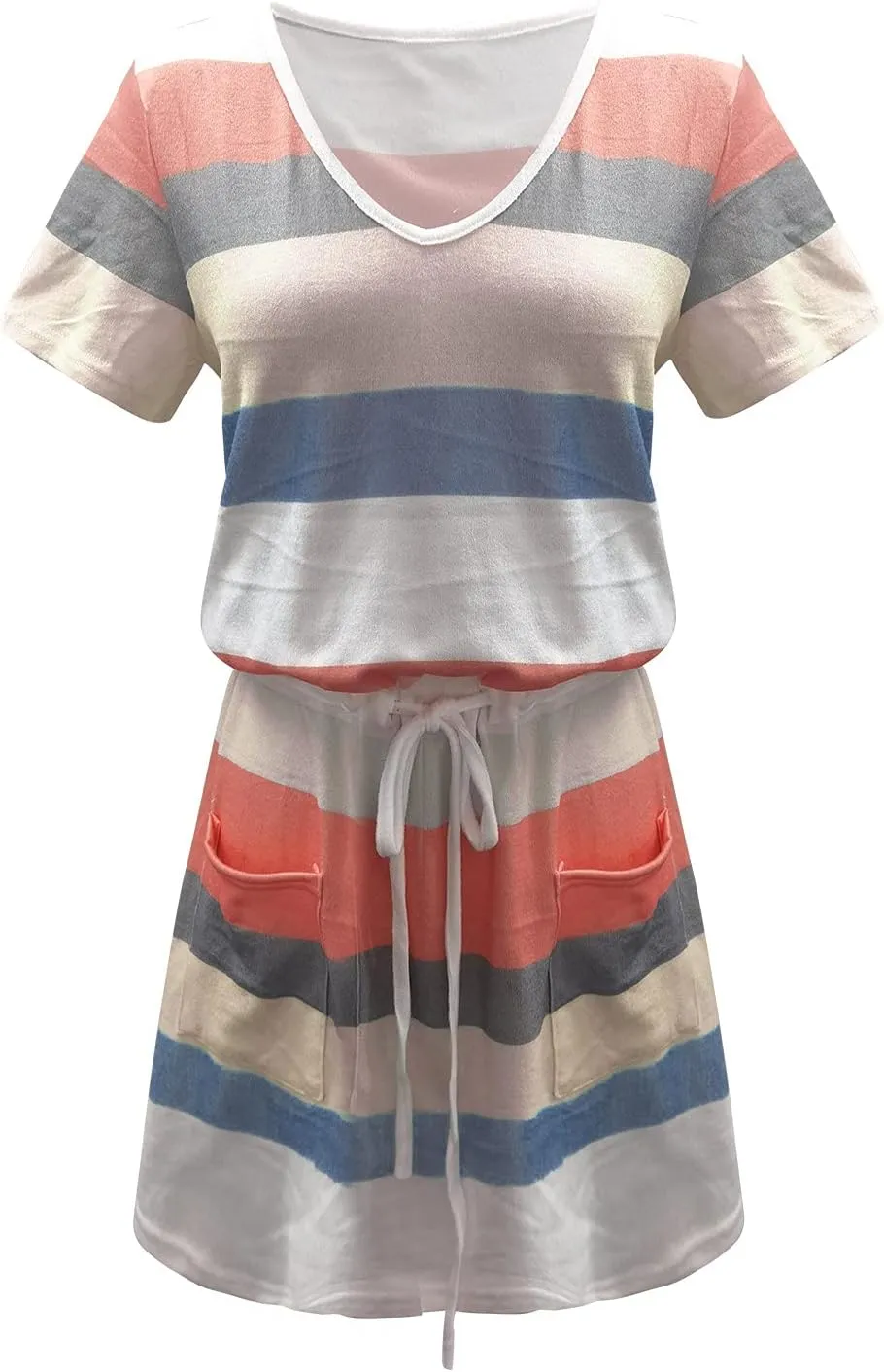 Summer Dresses for Women 2024 Vacation Casual Short Sleeve v Neck Drawstring Mini Dress Striped Tshirt Dress