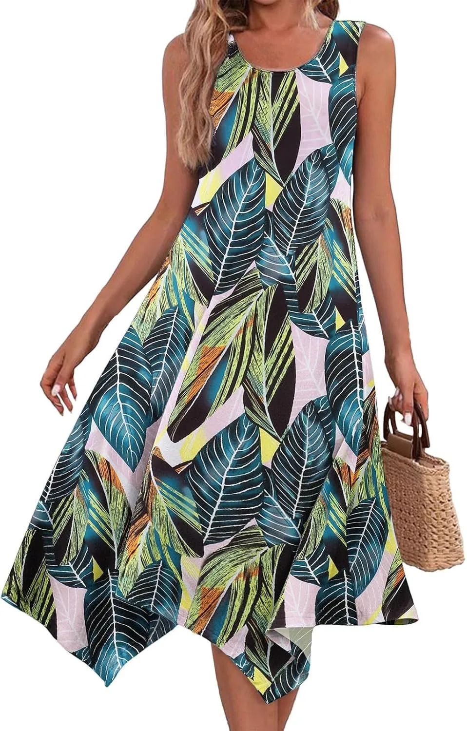 Summer Dresses for Women 2025 Handkerchief Hem Crewneck Tank Dress Sleeveless A-Line Sundress Casual Boho Dress
