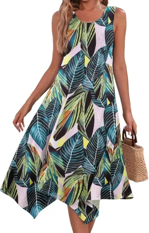 Summer Dresses for Women 2025 Handkerchief Hem Crewneck Tank Dress Sleeveless A-Line Sundress Casual Boho Dress