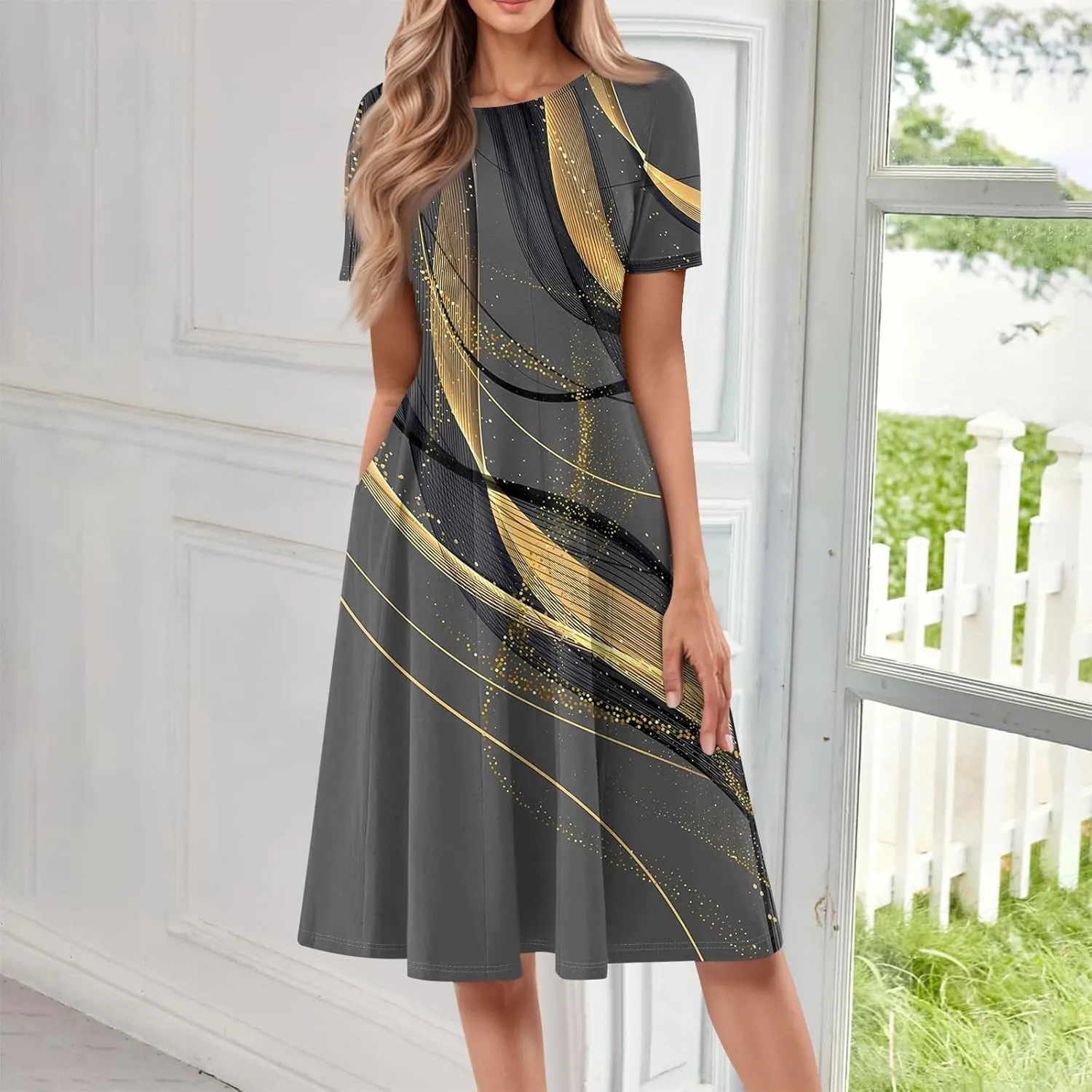 Summer Dresses for Women Flowy Floral Short Sleeve Dress Casual Beach Tshirt Dress Aline Midi Dresses with Pockets