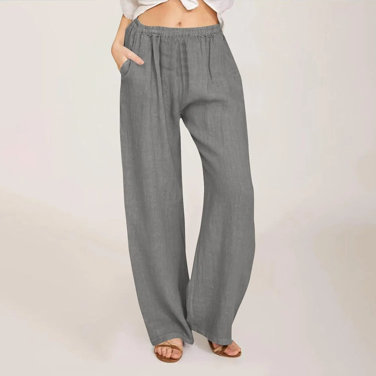 Summer Wide Leg Trousers for Women Trendy Elastic Waist Cotton Linen Pants Ladies Beach Palazzo Pants with Pockets