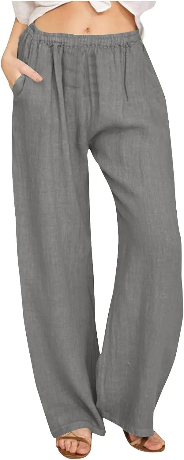 Summer Wide Leg Trousers for Women Trendy Elastic Waist Cotton Linen Pants Ladies Beach Palazzo Pants with Pockets