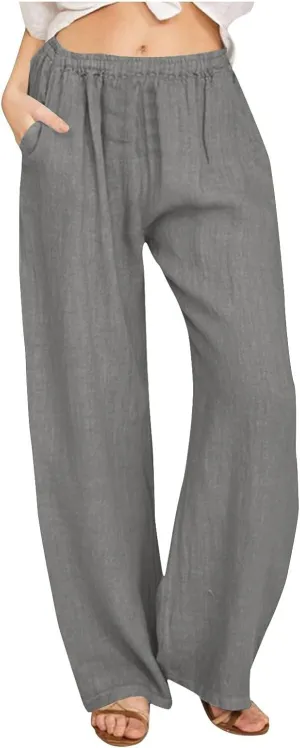 Summer Wide Leg Trousers for Women Trendy Elastic Waist Cotton Linen Pants Ladies Beach Palazzo Pants with Pockets