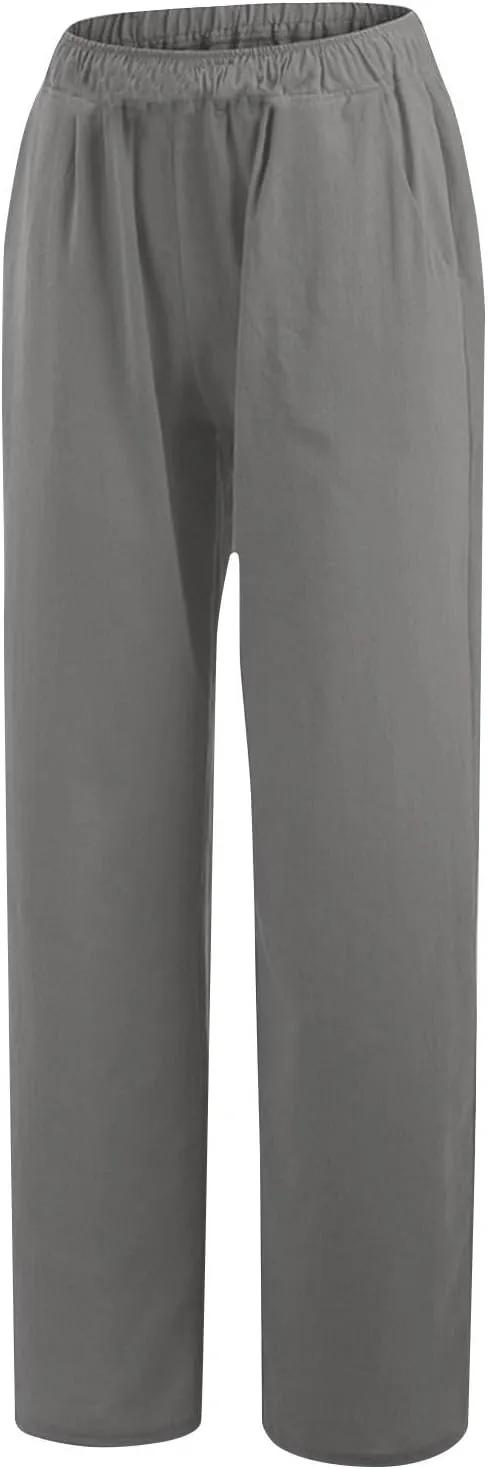 Summer Wide Leg Trousers for Women Trendy Elastic Waist Cotton Linen Pants Ladies Beach Palazzo Pants with Pockets