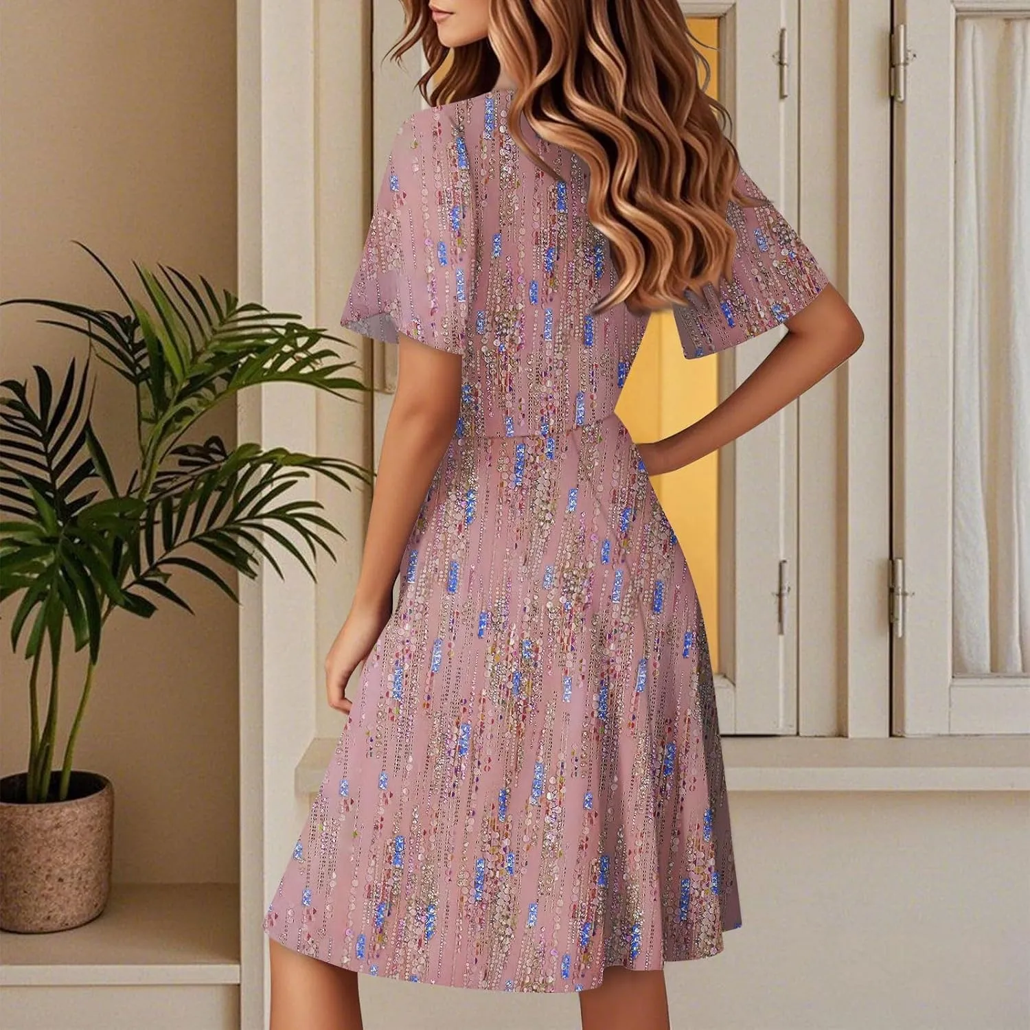 Sundresses for Women 2025 Short Sleeve Cross Wrap V Neck A-Line Midi Dresses Summer Casual Sexy Floral Boho Dress