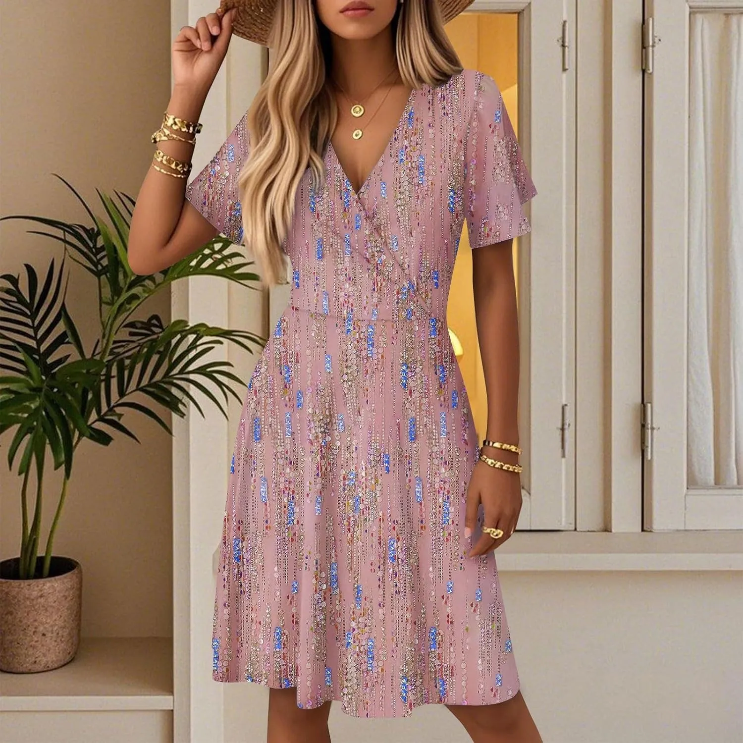 Sundresses for Women 2025 Short Sleeve Cross Wrap V Neck A-Line Midi Dresses Summer Casual Sexy Floral Boho Dress