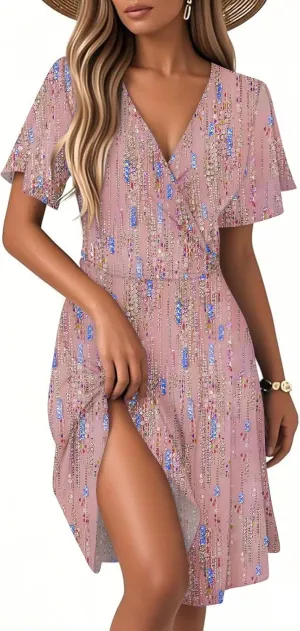Sundresses for Women 2025 Short Sleeve Cross Wrap V Neck A-Line Midi Dresses Summer Casual Sexy Floral Boho Dress