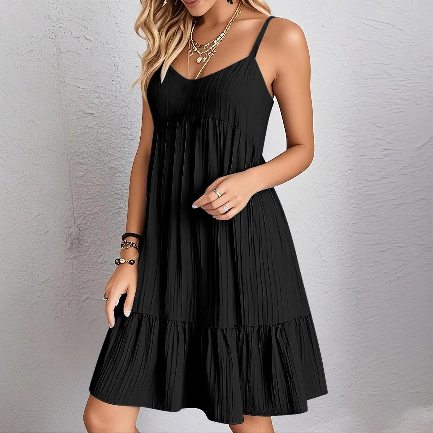 Sundresses for Women 2025 Vacation Outfits V Neck Spaghetti Strap Mini Dress Pleated Ruffle Flowy Summer Dresses