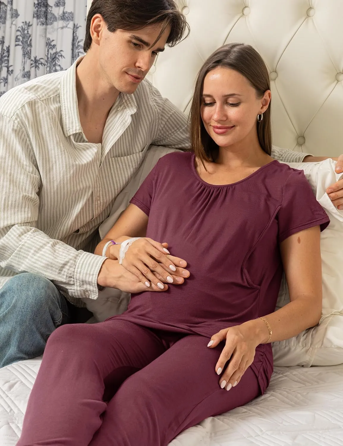 SUNNYBUY Womens Maternity Nursing Pajamas Set, Short Sleeve Breastfeeding ShirtsPregnancy Shorts & Pants 3 Piece Nursing PJS