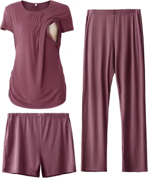 SUNNYBUY Womens Maternity Nursing Pajamas Set, Short Sleeve Breastfeeding ShirtsPregnancy Shorts & Pants 3 Piece Nursing PJS