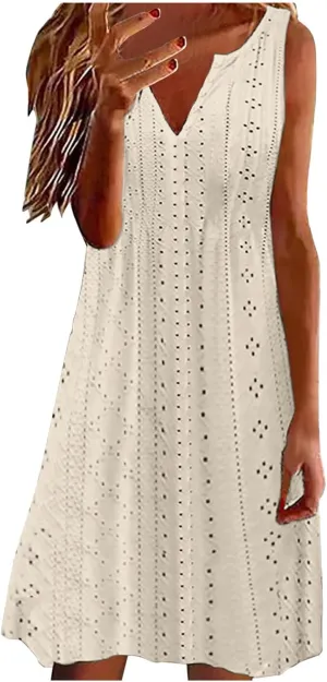 Sweetheart Embroidery Eyelet Tank Dress for Women Solid V Neck Sleeveless Sundress Casual Vacation Beach Dress