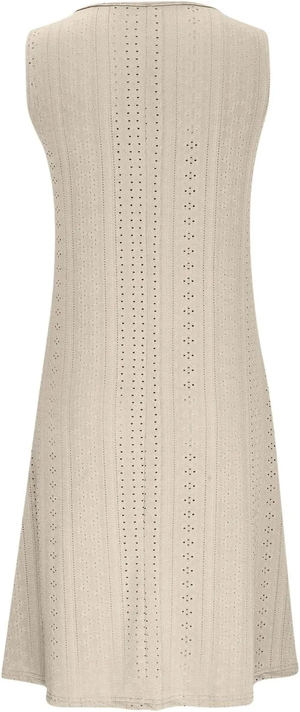 Sweetheart Embroidery Eyelet Tank Dress for Women Solid V Neck Sleeveless Sundress Casual Vacation Beach Dress
