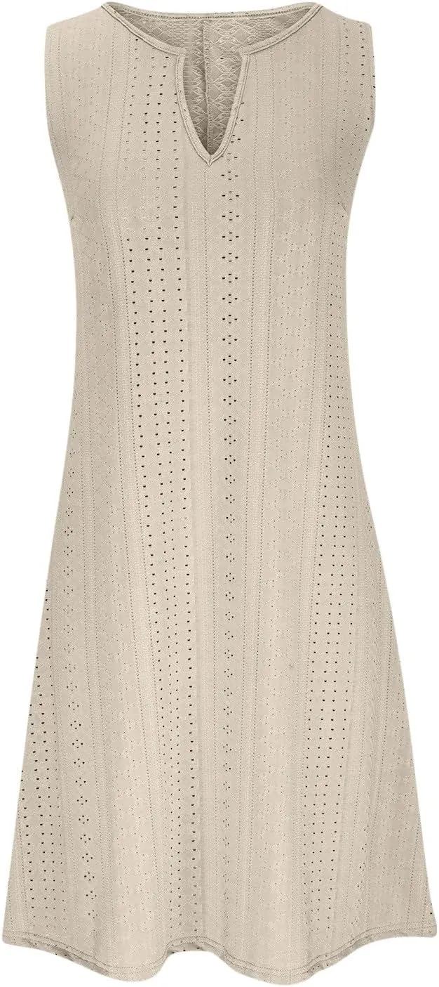 Sweetheart Embroidery Eyelet Tank Dress for Women Solid V Neck Sleeveless Sundress Casual Vacation Beach Dress