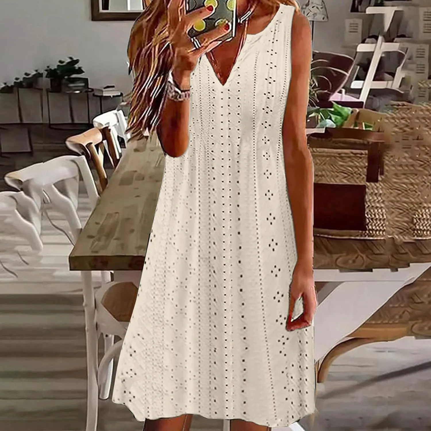Sweetheart Embroidery Eyelet Tank Dress for Women Solid V Neck Sleeveless Sundress Casual Vacation Beach Dress