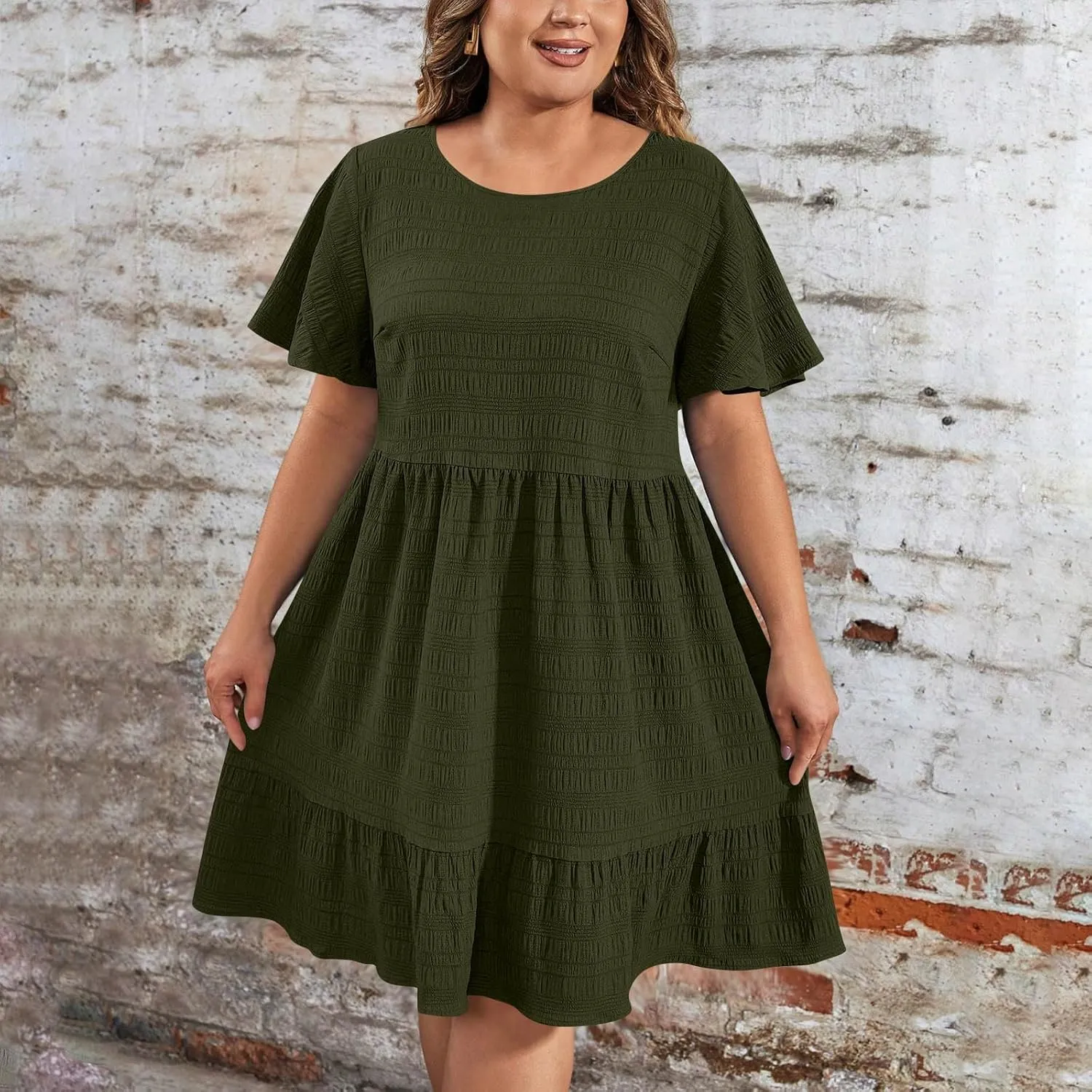 TANGNADE Summer Dresses for Women Plus Size Short Sleeve Crewneck T Shirt Dress Dressy Casual Ruffle Flowy Beach Sundresses