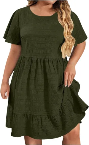 TANGNADE Summer Dresses for Women Plus Size Short Sleeve Crewneck T Shirt Dress Dressy Casual Ruffle Flowy Beach Sundresses