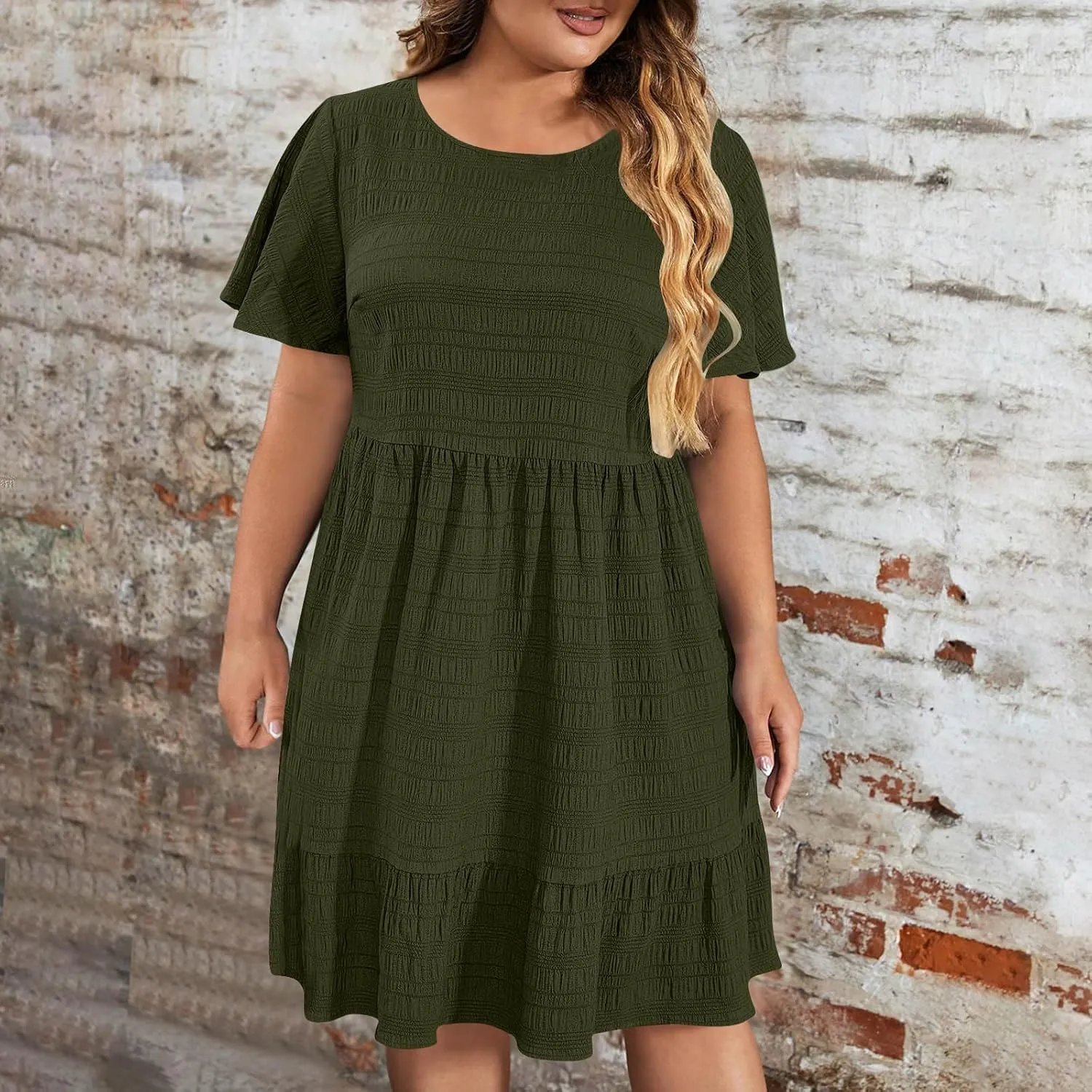 TANGNADE Summer Dresses for Women Plus Size Short Sleeve Crewneck T Shirt Dress Dressy Casual Ruffle Flowy Beach Sundresses