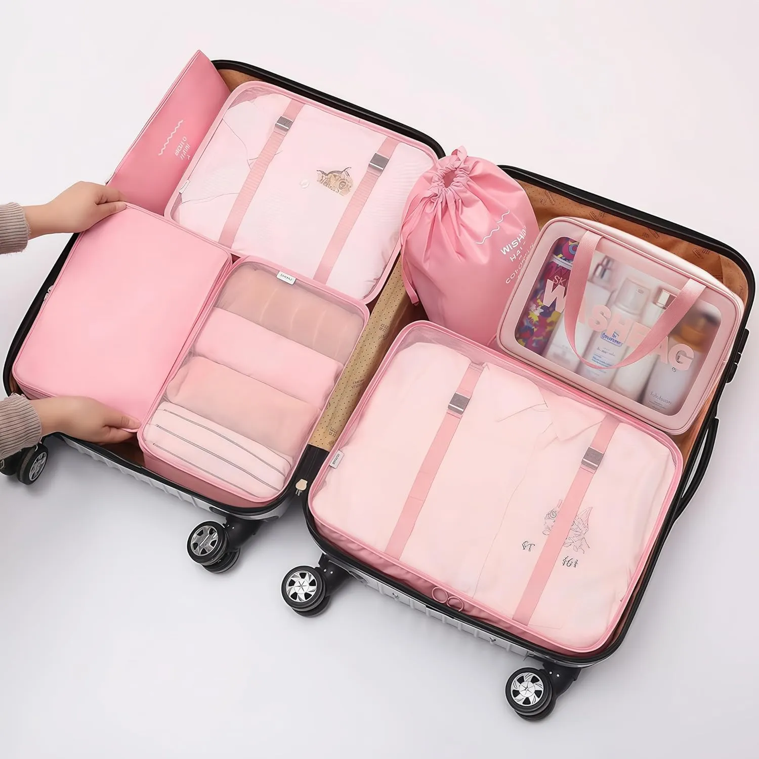 Travel packing cube bag,7Set Packing Cubes Luggage Packing Organizers for Travel, Clothing Bag, Suitcase Organizer Luggage Cubes with Wash Bag(Pink)