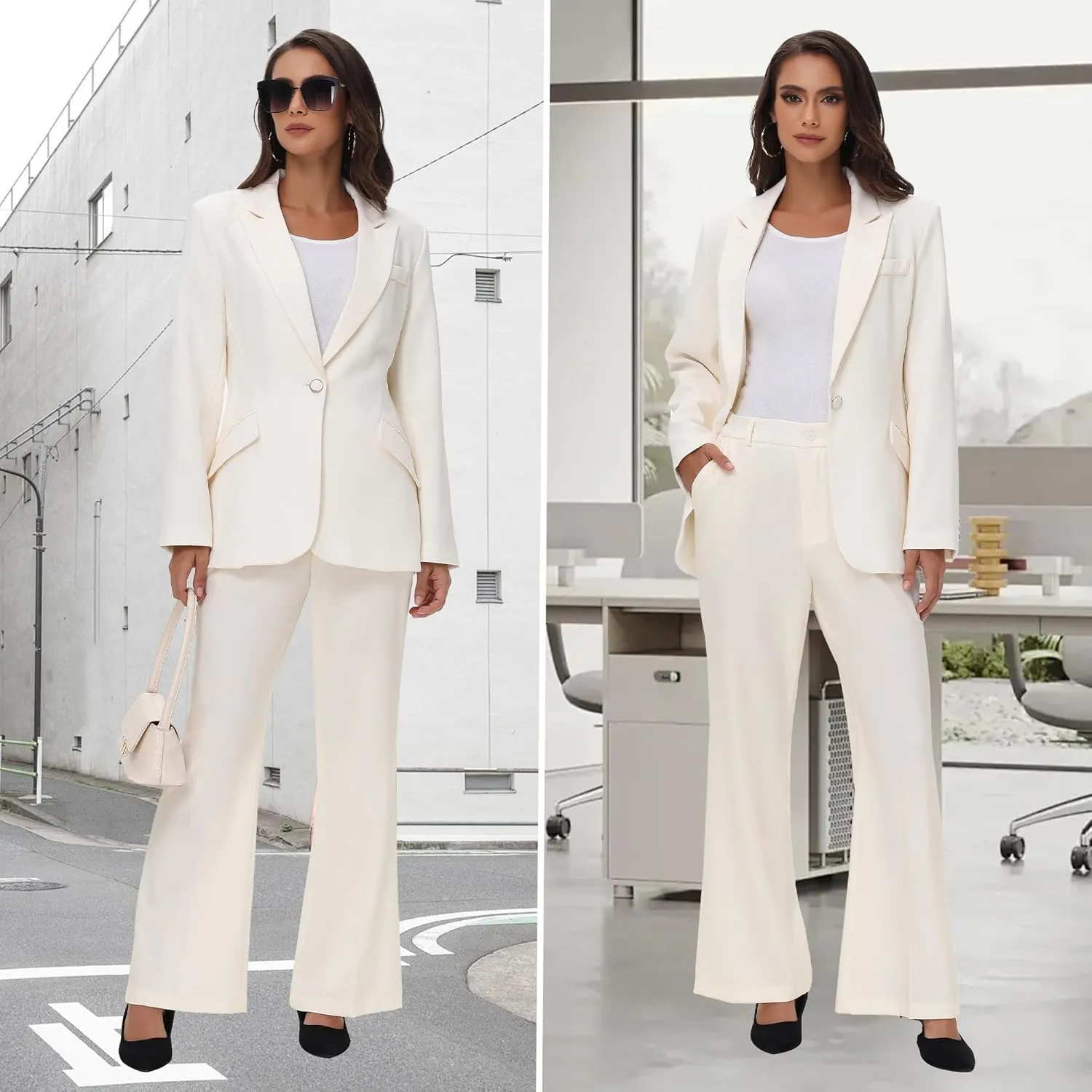 TRONSTORE Women's Suit 2 Piece Set Pinstripe Blazer and Bootcut Dressy Pants Set for Work Office Business Outfits