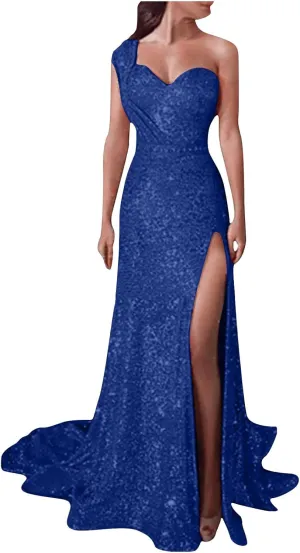 Uillui Long Ball Gowns for Women Fashion Glitter Sequin Evening Dress High Waist Slim Fit Side Slit Sparkle Dress Formal Gown