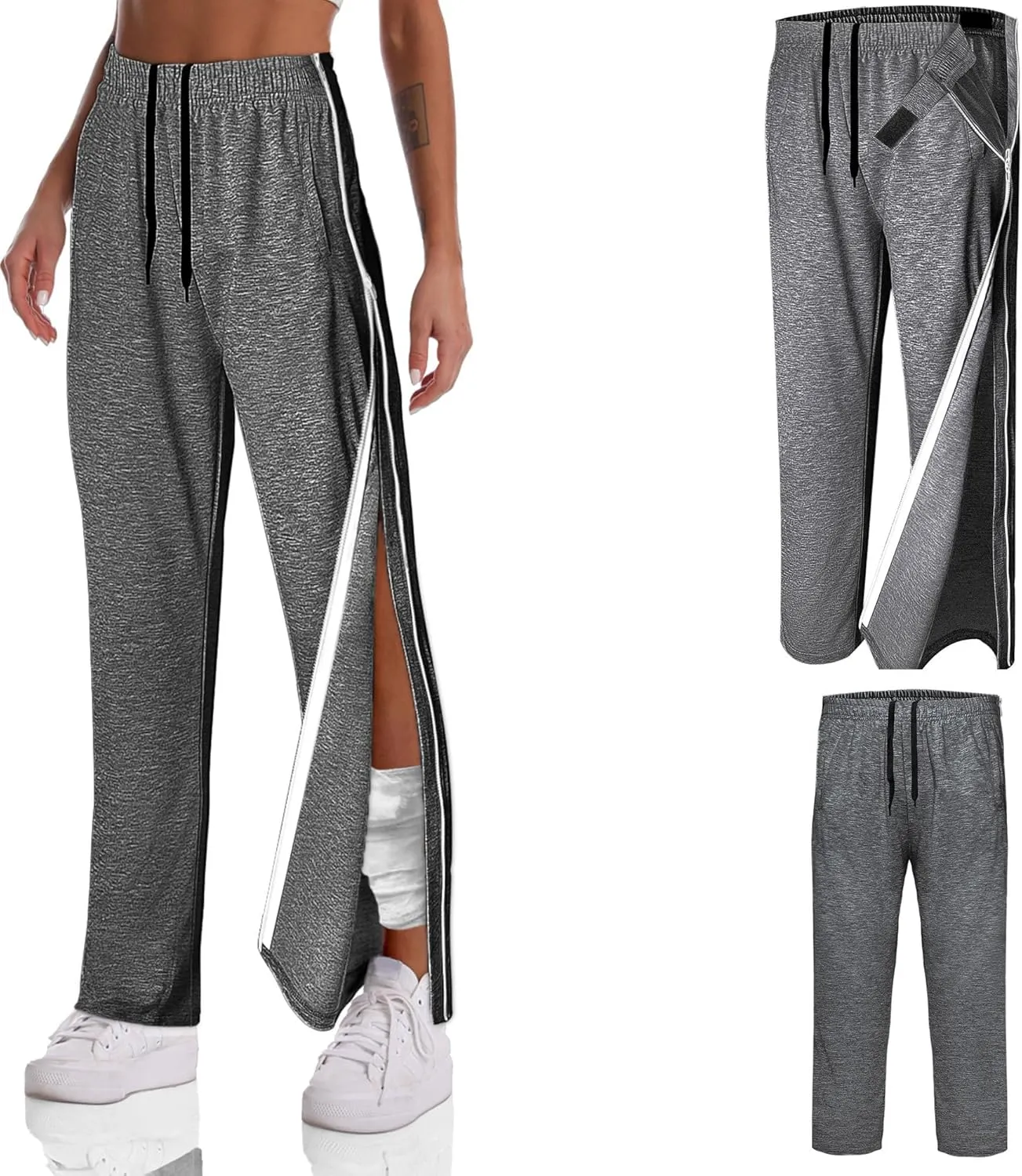 Unisex Tearaway Pants with 2 Side Zippers Snaps for Post Surgery Men Cotton Rip Off Breakaway Pant for Hip Replacement
