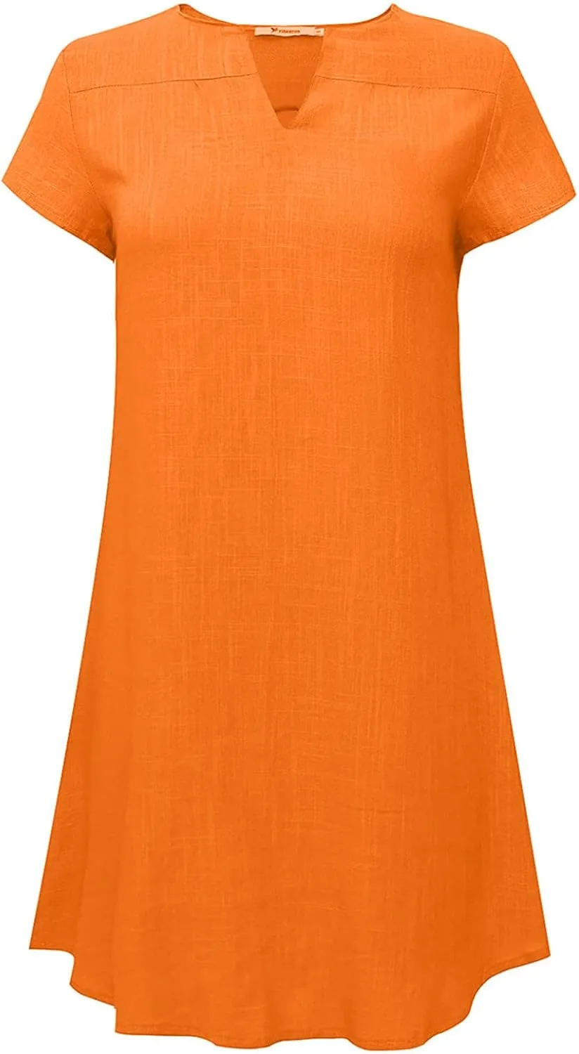 V Neck Casual Dress for Women Plain Summer Linen Mini Dresses Short Sleeve Loose Short Dress 2024 Trendy Sundress